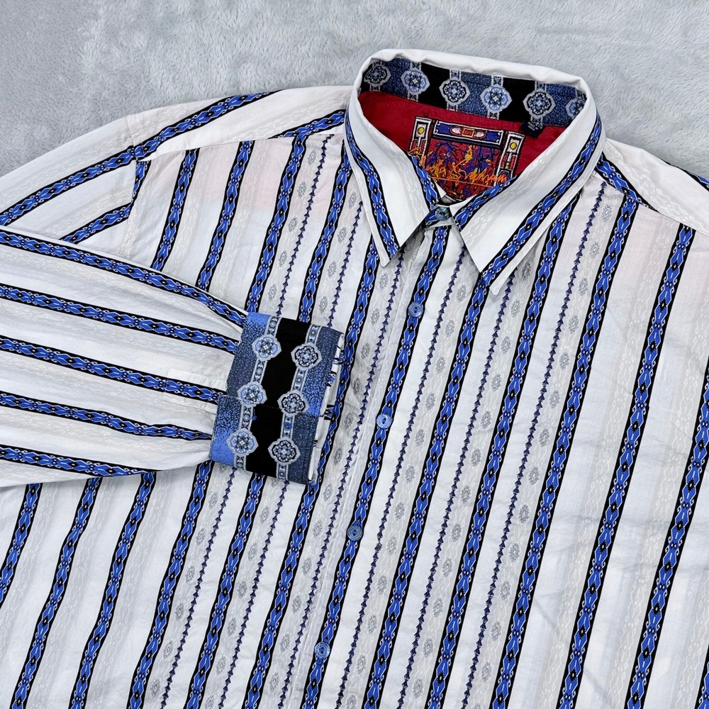 Robert Graham Button Down Shirt Men 2XL Striped Western Aztec Fontana White Blue